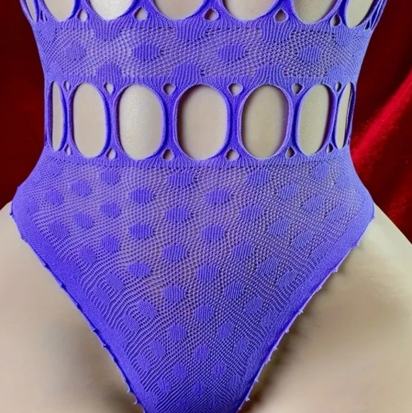Purple Strappy Semi-Sheer Polka Dot Lace Cutout Bodystocking Bodysuit (OS) - Picture 6 of 6